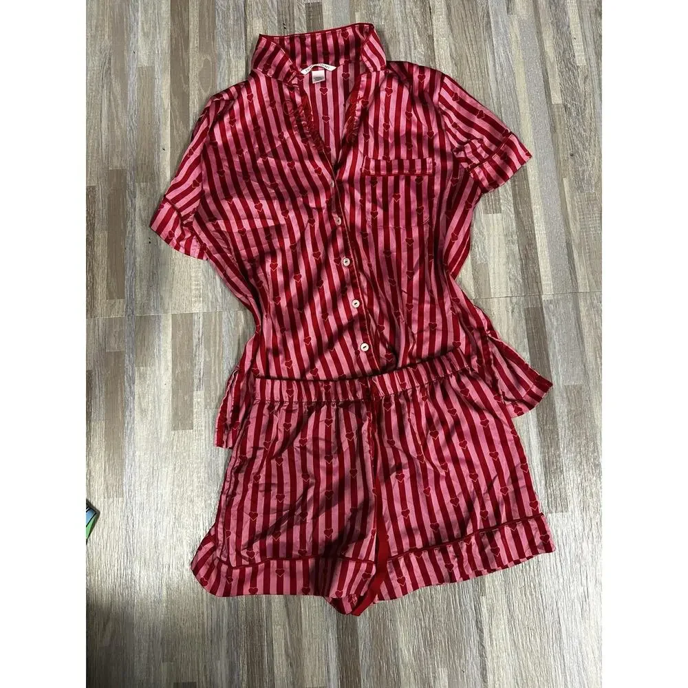 VS Pajama Set Womens XS Pink Heart Stripe Satin Shorts